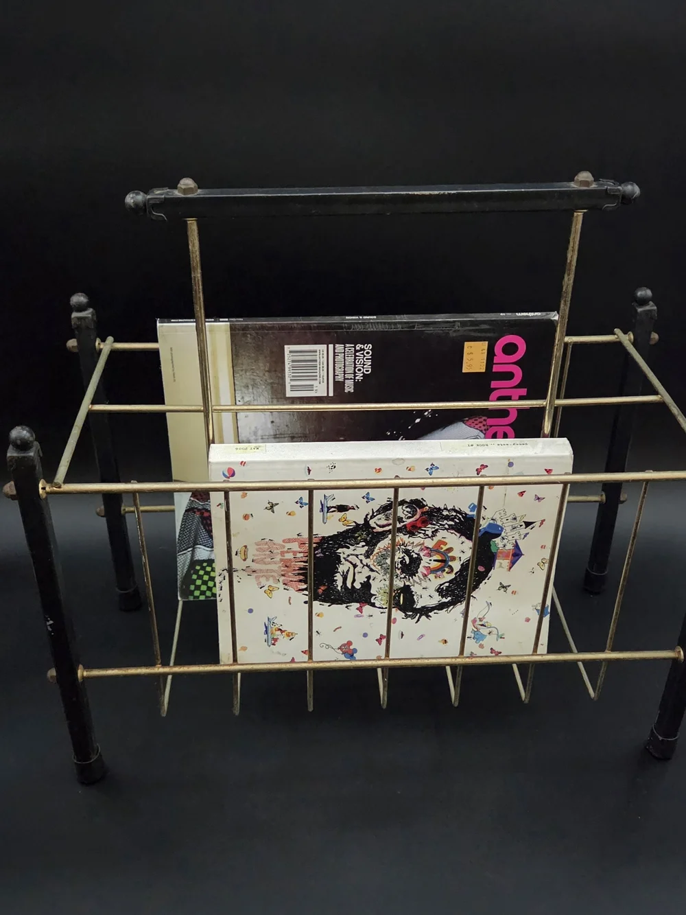Vintage MCM Minimalist Gilt Brass Cage Rustic Iron Frame Design Magazine Rack